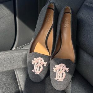 Tory Burch Gray Flats with Pink Embroidery